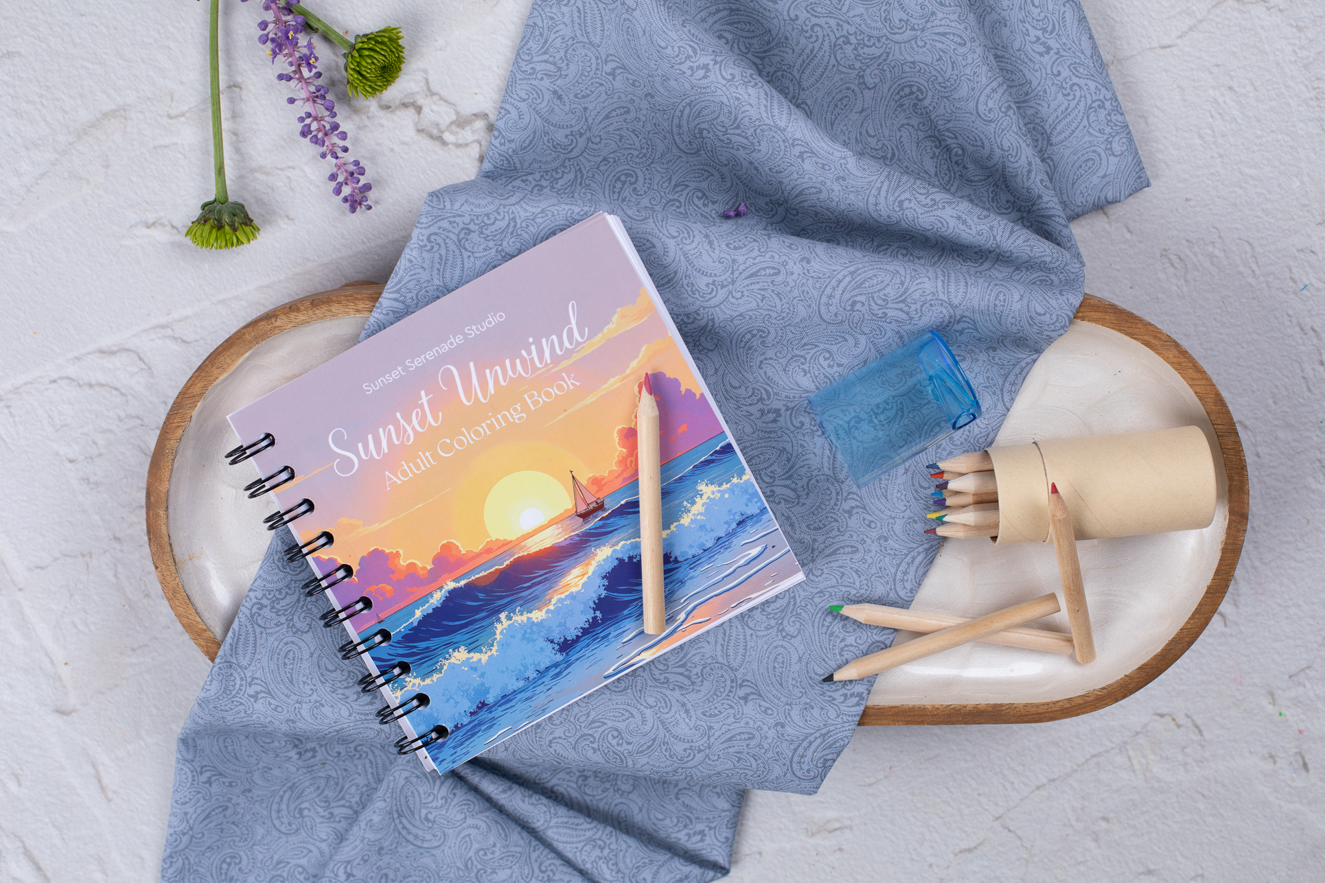 Sunset Unwind - Adult Coloring Book + Colored Pencils